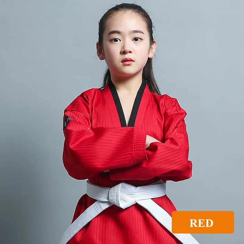 Kiváló Minőségű Fekete Piros Kék Felnőtt Gyerekek Taekwondo TKD Egységes Képzés Karate Ruhák, Hímzett Egyenruhás Poomsae Dobok WTF Jóváhagyott