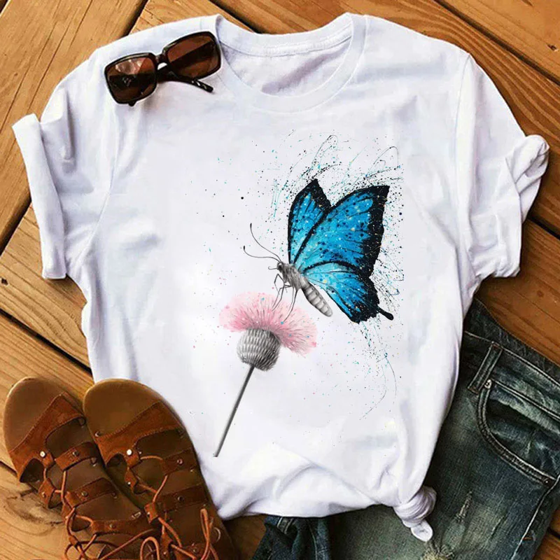 Bloomful Pillangó Nyomtatott Póló Új Női Póló Női Nyári Alkalmi Aranyos Graphic Tee Felsők Női Rövid Ujjú T-shirt Póló